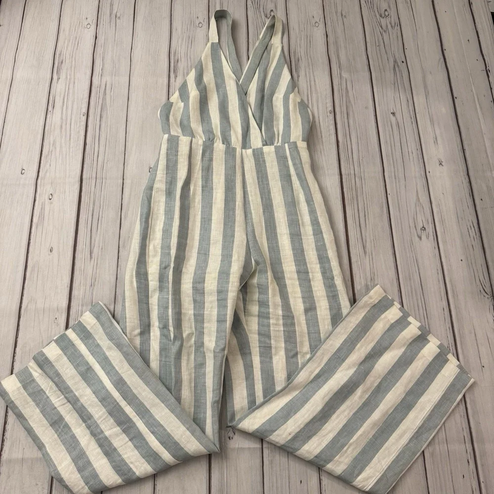 Reformation Striped Blue and Cream Linen-Blend Jumpsuit